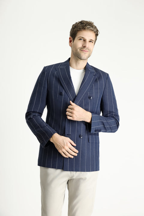 Dark Navy 6 Drop Regular Fit Double-Breasted Striped Linen Blend Jacket