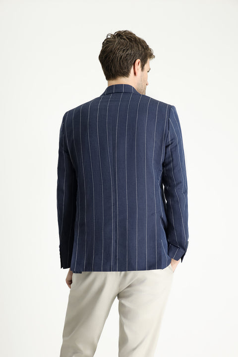 Dark Navy 6 Drop Regular Fit Double-Breasted Striped Linen Blend Jacket