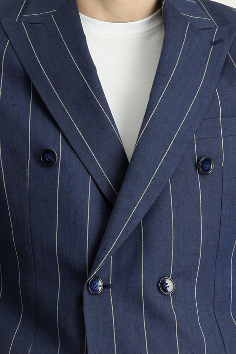 Dark Navy 6 Drop Regular Fit Double-Breasted Striped Linen Blend Jacket