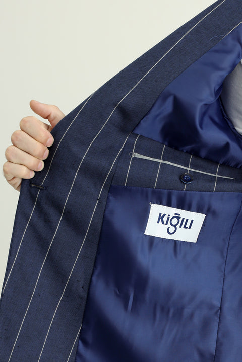 Dark Navy 6 Drop Regular Fit Double-Breasted Striped Linen Blend Jacket