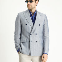 Dark Blue 6 Drop Regular Fit Double-Breasted Striped Linen Blend Jacket