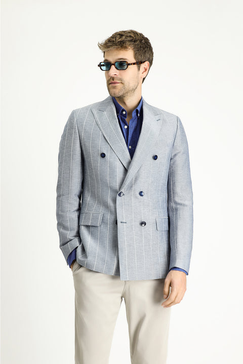 Dark Blue 6 Drop Regular Fit Double-Breasted Striped Linen Blend Jacket