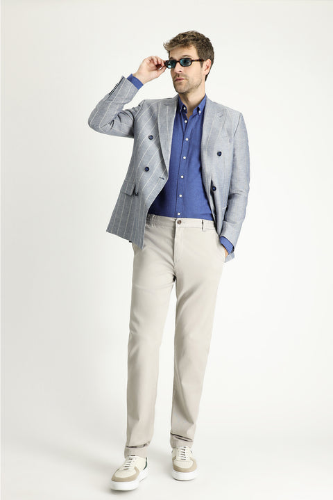 Dark Blue 6 Drop Regular Fit Double-Breasted Striped Linen Blend Jacket