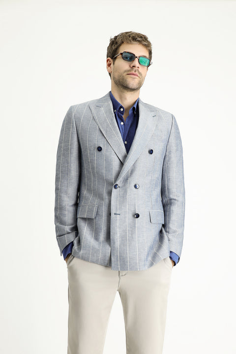 Dark Blue 6 Drop Regular Fit Double-Breasted Striped Linen Blend Jacket