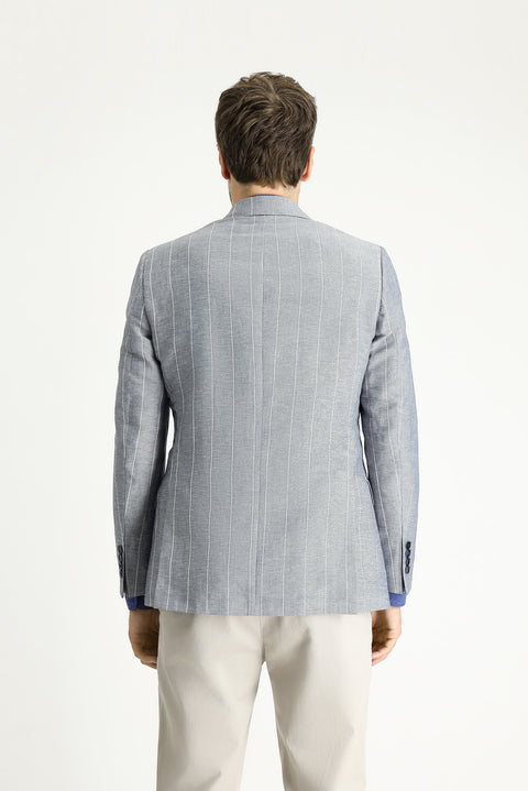Dark Blue 6 Drop Regular Fit Double-Breasted Striped Linen Blend Jacket