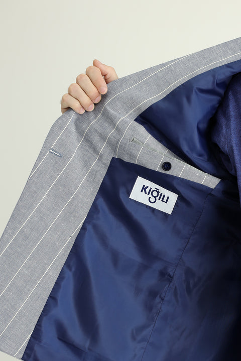 Dark Blue 6 Drop Regular Fit Double-Breasted Striped Linen Blend Jacket