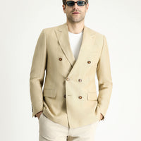 Medium Beige 6 Drop Regular Fit Double-Breasted Striped Linen Blend Jacket