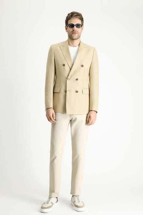 Medium Beige 6 Drop Regular Fit Double-Breasted Striped Linen Blend Jacket