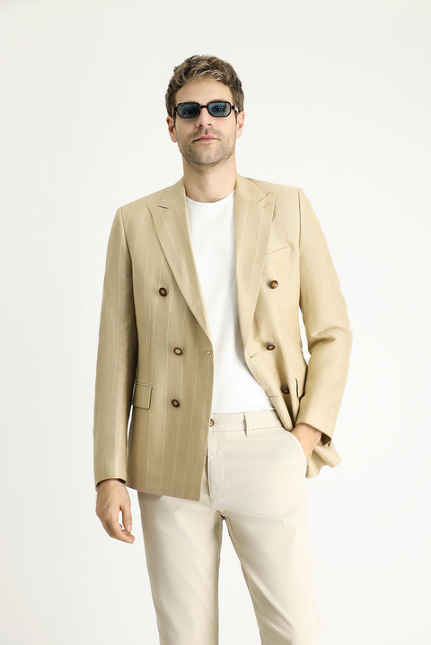 Medium Beige 6 Drop Regular Fit Double-Breasted Striped Linen Blend Jacket