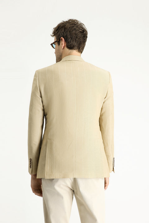 Medium Beige 6 Drop Regular Fit Double-Breasted Striped Linen Blend Jacket