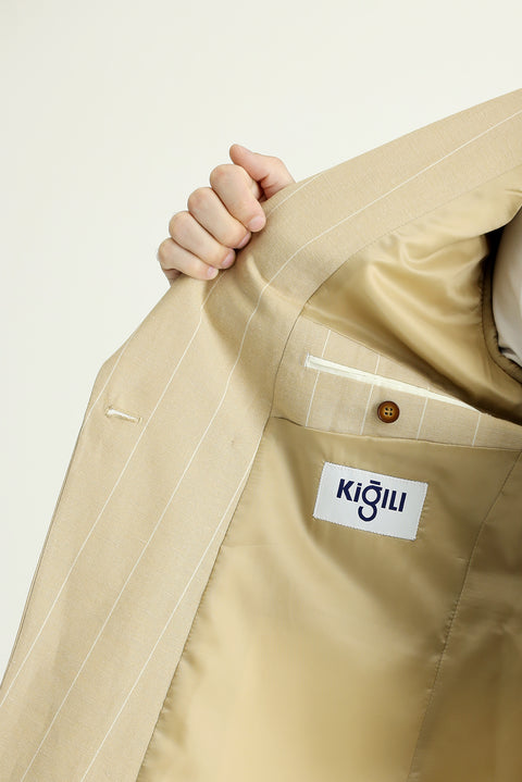 Medium Beige 6 Drop Regular Fit Double-Breasted Striped Linen Blend Jacket