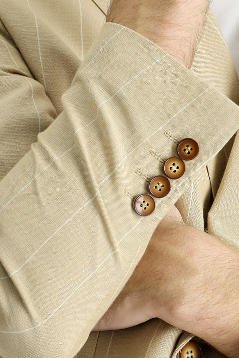 Medium Beige 6 Drop Regular Fit Double-Breasted Striped Linen Blend Jacket