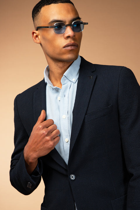 Medium Navy 7 Drop Super Slim Fit Extra Narrow Cut Waffle Jacket