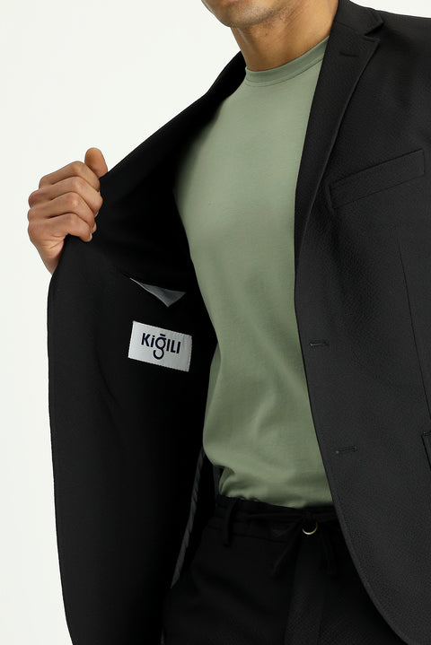 Siyah 7 Drop Super Slim Fit Eksra Dar Kesim Gofre Ceket