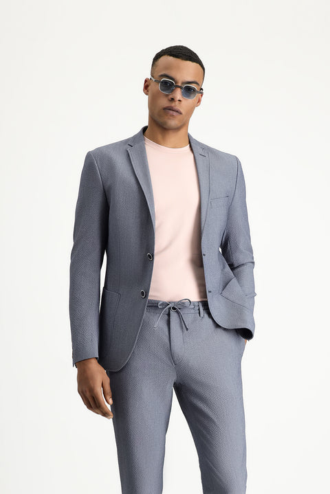 Havacı Mavi 7 Drop Super Slim Fit Eksra Dar Kesim Gofre Ceket