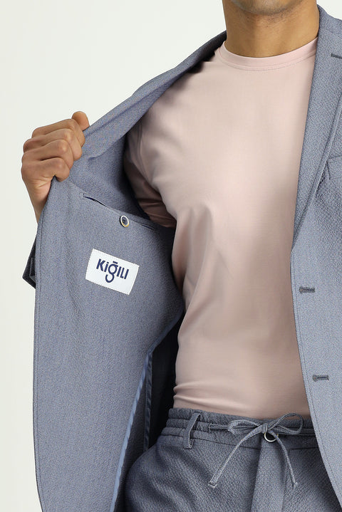 Havacı Mavi 7 Drop Super Slim Fit Eksra Dar Kesim Gofre Ceket