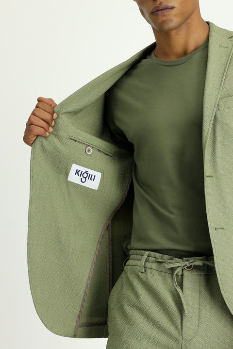 Açık Haki 7 Drop Super Slim Fit Eksra Dar Kesim Gofre Ceket