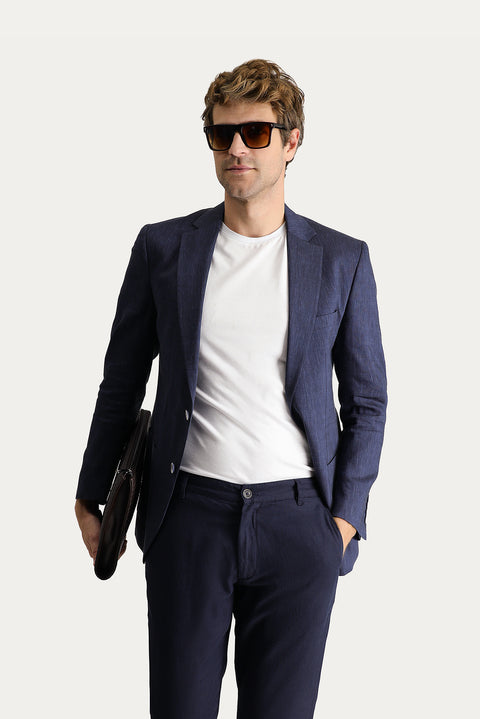Dark Navy 6 Drop Regular Fit Linen Blend Sport Jacket