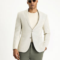 Cream 7 Drop Super Slim Fit Extra Narrow Cut Patterned Linen Blend Wool Sport Jacket