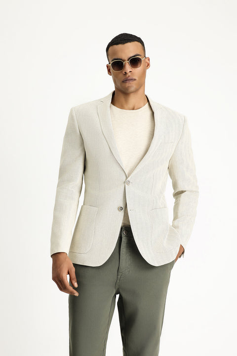 Cream 7 Drop Super Slim Fit Extra Narrow Cut Patterned Linen Blend Wool Sport Jacket