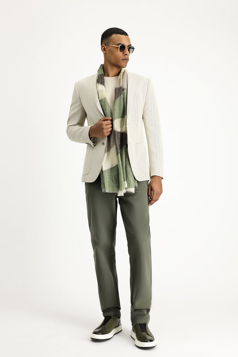 Cream 7 Drop Super Slim Fit Extra Narrow Cut Patterned Linen Blend Wool Sport Jacket