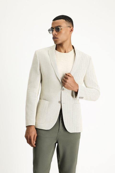 Cream 7 Drop Super Slim Fit Extra Narrow Cut Patterned Linen Blend Wool Sport Jacket
