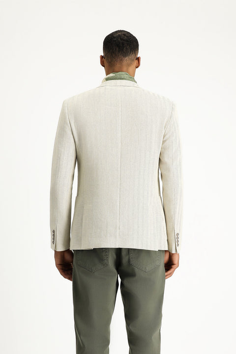 Cream 7 Drop Super Slim Fit Extra Narrow Cut Patterned Linen Blend Wool Sport Jacket