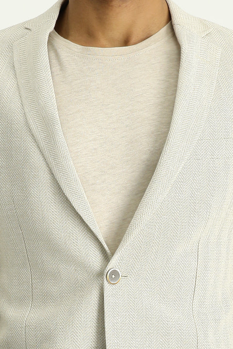 Cream 7 Drop Super Slim Fit Extra Narrow Cut Patterned Linen Blend Wool Sport Jacket