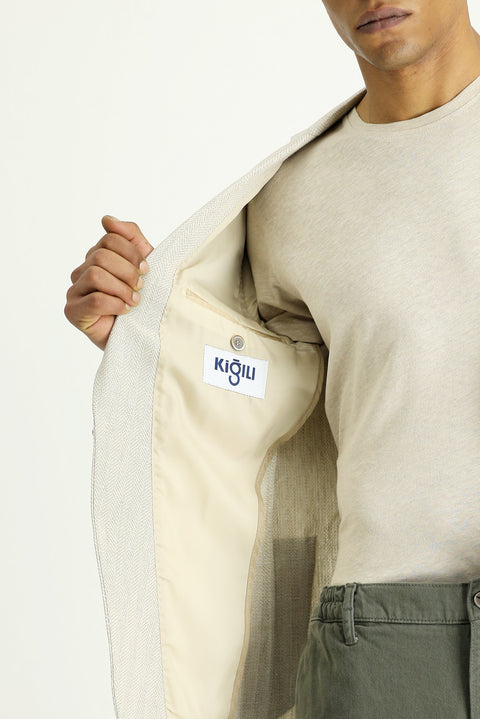 Cream 7 Drop Super Slim Fit Extra Narrow Cut Patterned Linen Blend Wool Sport Jacket
