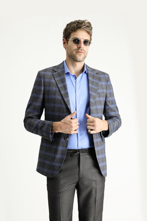 Dark Gray 7 Drop Slim Fit Plaid Linen Blend Jacket