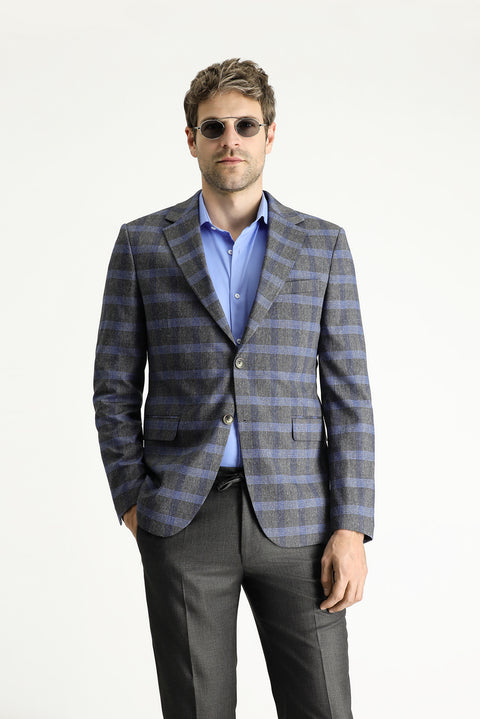 Dark Gray 6 Drop Regular Fit Standard Cut Plaid Linen Blend Jacket