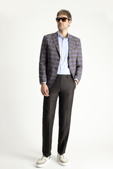 Medium Brown 6 Drop Regular Fit Standard Cut Plaid Linen Blend Jacket