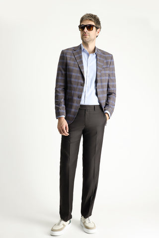  Orta Kahve 7 Drop Slim Fit Dar Kesim Ekose Keten Karışımlı Ceket