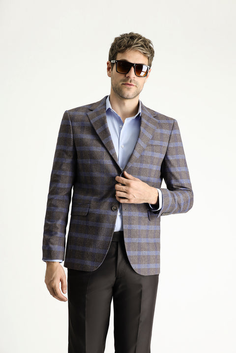 Medium Brown 6 Drop Regular Fit Standard Cut Plaid Linen Blend Jacket