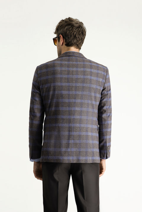 Medium Brown 6 Drop Regular Fit Standard Cut Plaid Linen Blend Jacket