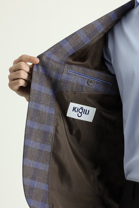 Medium Brown 7 Drop Slim Fit Plaid Linen Blend Jacket