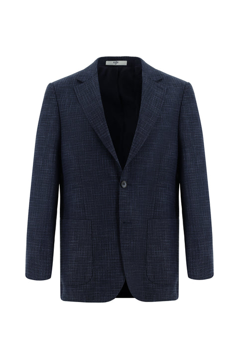 Dark Navy 4-Drop Relaxed Fit Plaid Linen Blend Jacket