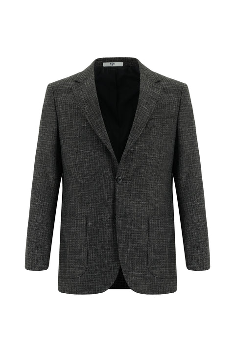 Dark Anthracite 4-Drop Relaxed Fit Plaid Linen Blend Jacket