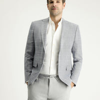 Açık Lacivert 7 Drop Slim Fit Dar Kesim Ekose Pamuklu Keten Karışımlı Ceket
