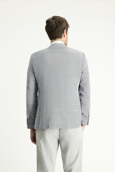 Açık Lacivert 7 Drop Slim Fit Dar Kesim Ekose Pamuklu Keten Karışımlı Ceket
