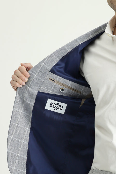 Açık Lacivert 7 Drop Slim Fit Dar Kesim Ekose Pamuklu Keten Karışımlı Ceket