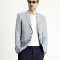 Light Blue 7 Drop Slim Fit Plaid Cotton Linen Blend Jacket