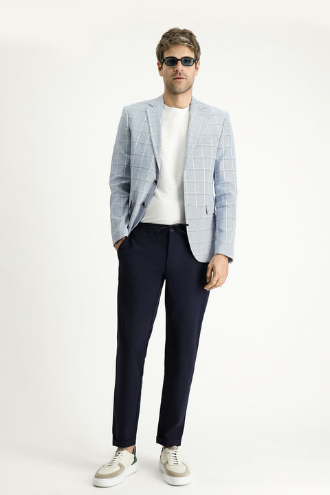 Light Blue 7 Drop Slim Fit Plaid Cotton Linen Blend Jacket