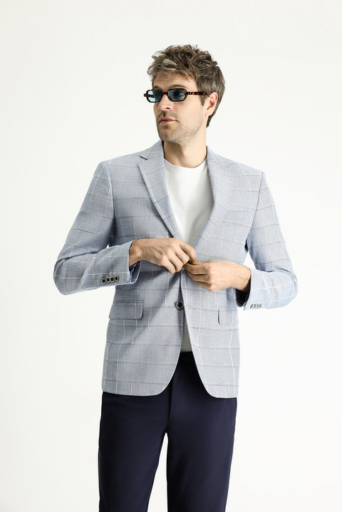 Light Blue 7 Drop Slim Fit Plaid Cotton Linen Blend Jacket