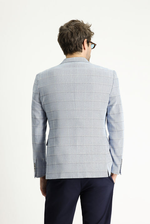 Light Blue 7 Drop Slim Fit Plaid Cotton Linen Blend Jacket