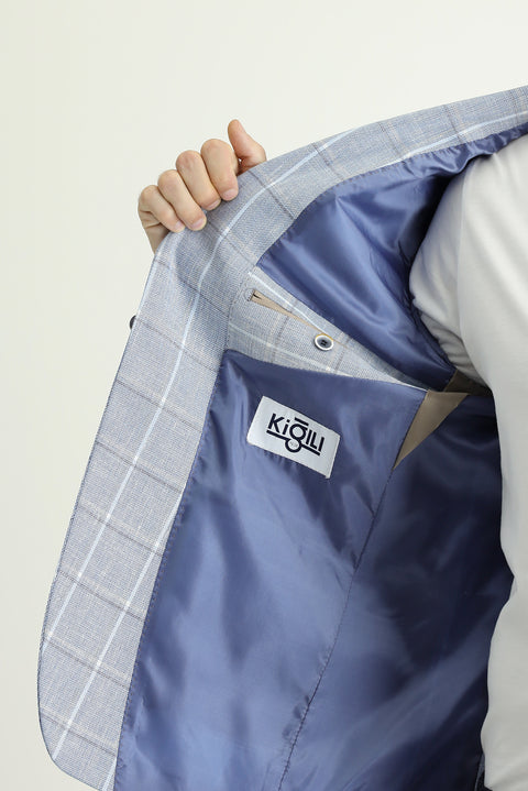 Light Blue 7 Drop Slim Fit Plaid Cotton Linen Blend Jacket