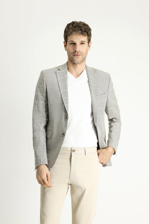Medium Mink 7 Drop Slim Fit Plaid Cotton Linen Blend Jacket
