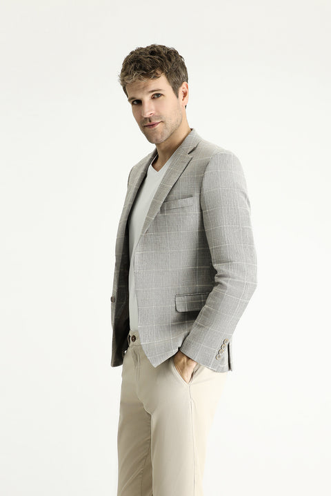 Medium Mink 7 Drop Slim Fit Plaid Cotton Linen Blend Jacket