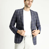 Light Navy 7 Drop Slim Fit Narrow Cut Wool Linen Blend Plaid Jacket
