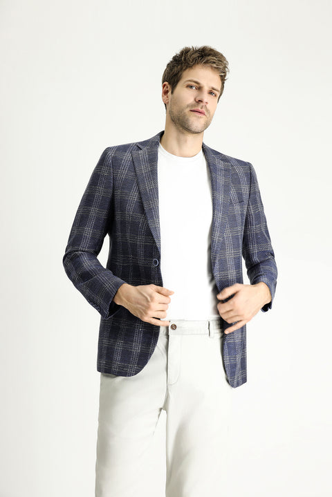 Light Navy 7 Drop Slim Fit Narrow Cut Wool Linen Blend Plaid Jacket